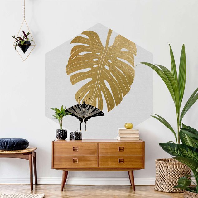 Papel pintado floral Golden Monstera With Butterfly