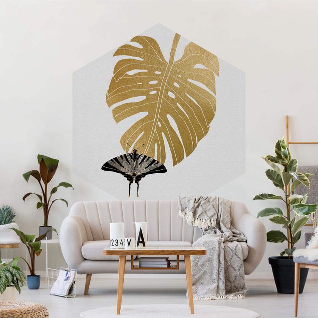 Papel pintado moderno Golden Monstera With Butterfly