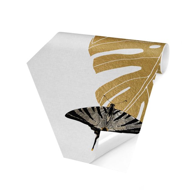 Papel pintado hexagonal Golden Monstera With Butterfly