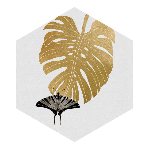 Papel pintado verde Golden Monstera With Butterfly
