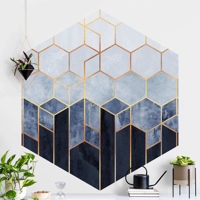Papel pared geométrico Golden Hexagons Blue White
