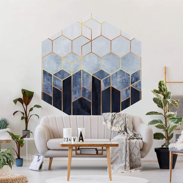 Papel pintado con patrones Golden Hexagons Blue White