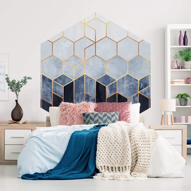 Papel pintado salón moderno Golden Hexagons Blue White