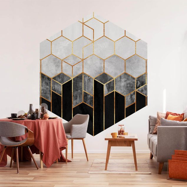 Papel pintado con patrones Golden Hexagons Black And White