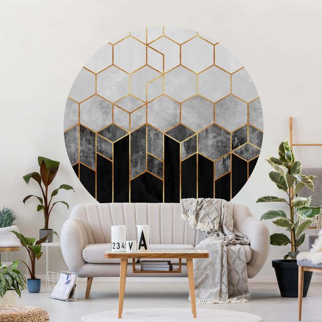 Papel pared geométrico Golden Hexagons Black And White