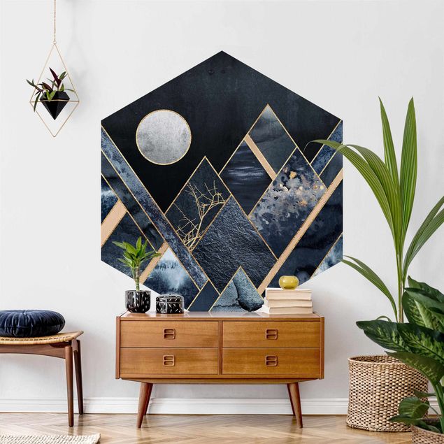 Papel pintado con patrones Golden Moon Abstract Black Mountains