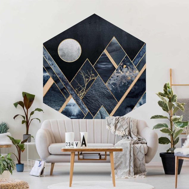 Papeles pintados modernos Golden Moon Abstract Black Mountains