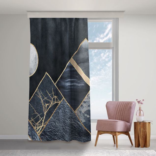 modernas cortinas salon Golden Moon Abstract Black Mountains
