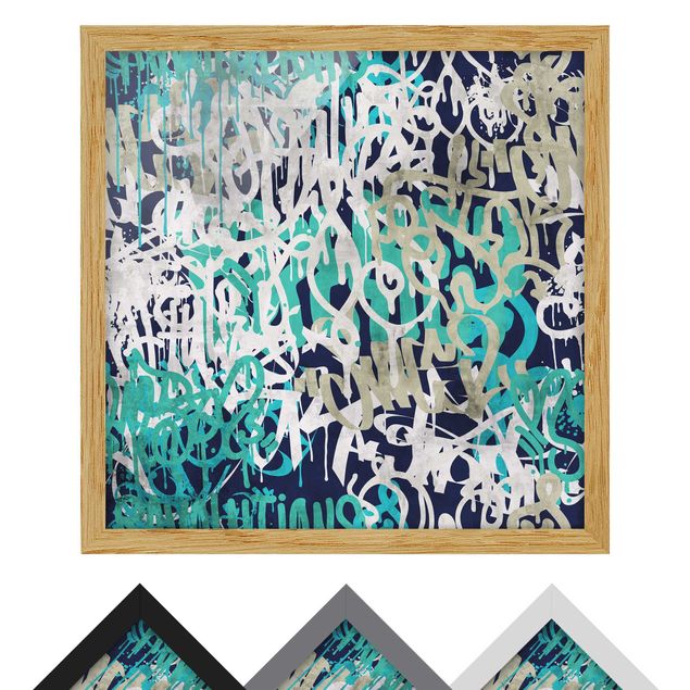 Póster con marco Graffiti Art Tagged Wall Turquoise