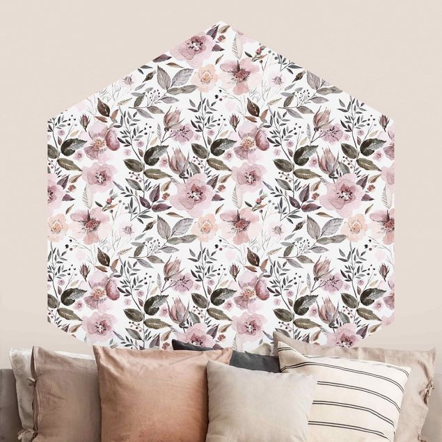 Papel pintado flores Gray Leaves With Watercolour Flowers