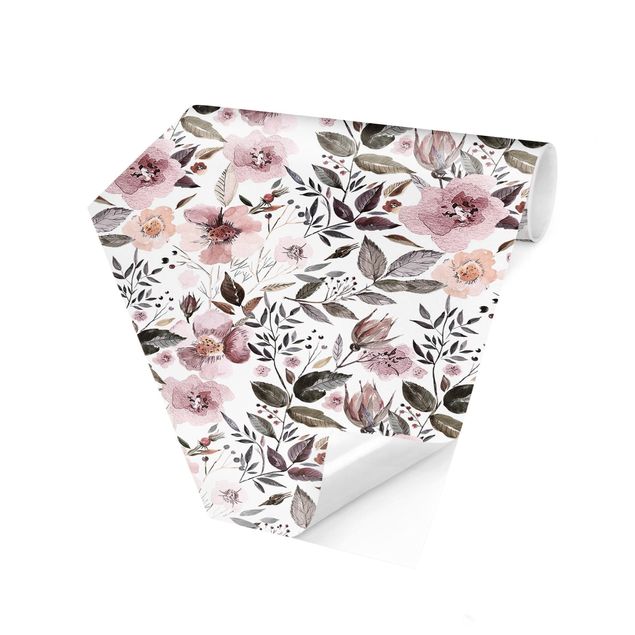 Papel pintado tonos grises Gray Leaves With Watercolour Flowers