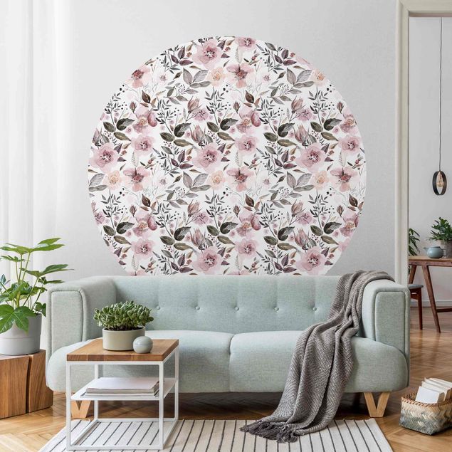 Papel pared flores Grey Leaves With Watercolour Flowers
