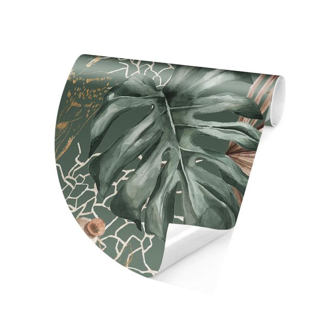 Papel pintado floral Large Leaves With Roses In Front Of Green