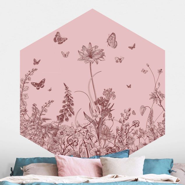 Decoración cocina Large Flowers With Butterflies On Pink