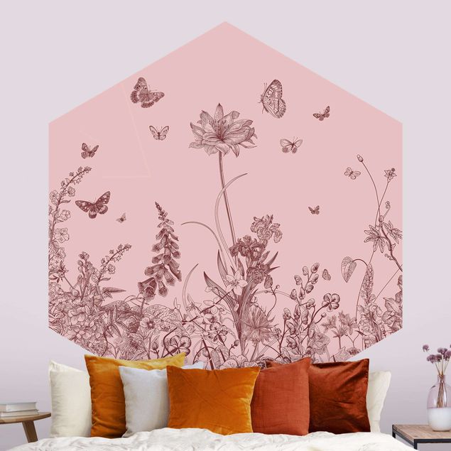 Papel pintado de mariposas Large Flowers With Butterflies On Pink