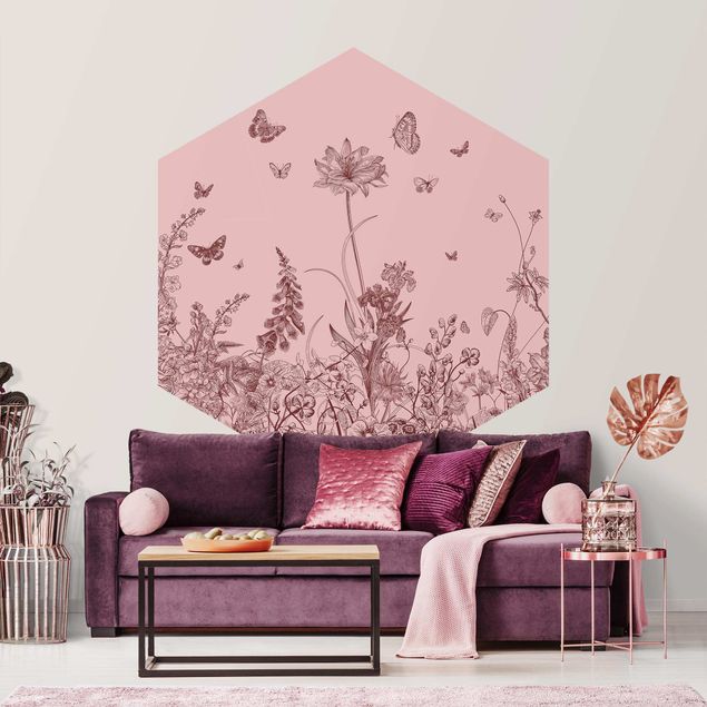 Papel pintado flores Large Flowers With Butterflies On Pink