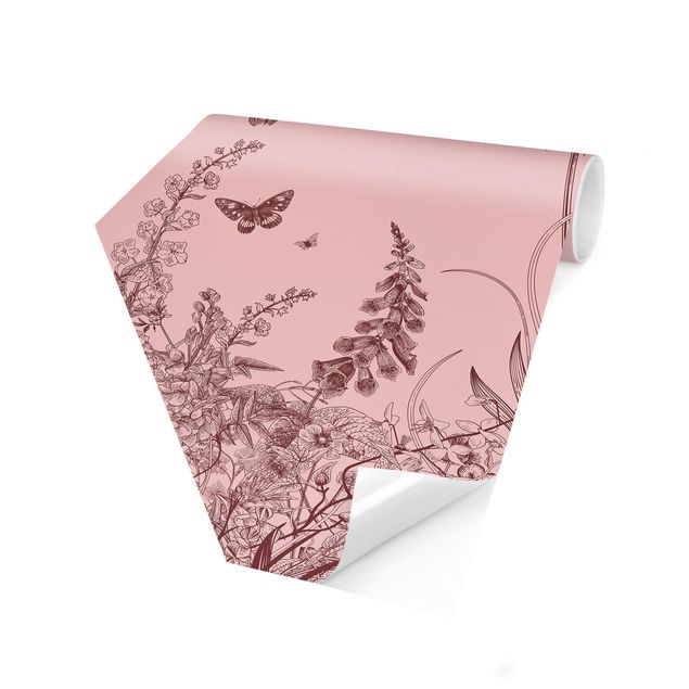 Papel pintado hexagonal Large Flowers With Butterflies On Pink