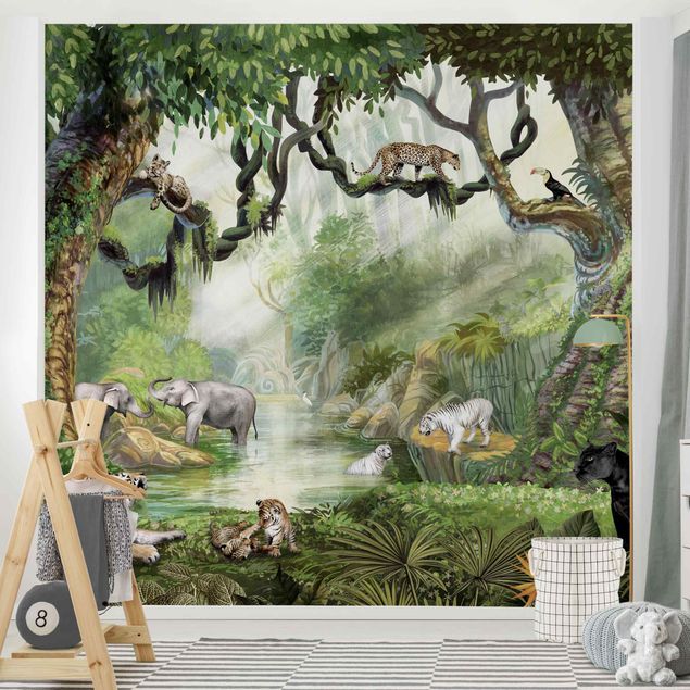 Decoración infantil pared Big cats in the jungle oasis