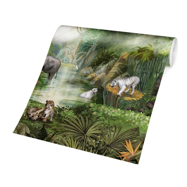 Papel pared flores Big cats in the jungle oasis
