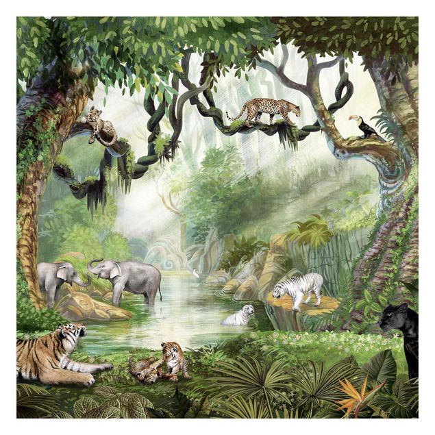 Papel pintado salón moderno Big cats in the jungle oasis