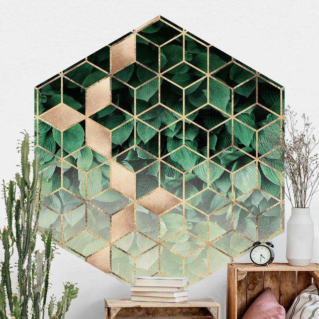 Papeles pintados geométricos Green Leaves Golden Geometry