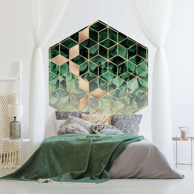 Papel pared 3d Green Leaves Golden Geometry