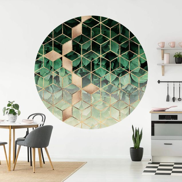 Papel pared geométrico Green Leaves Golden Geometry