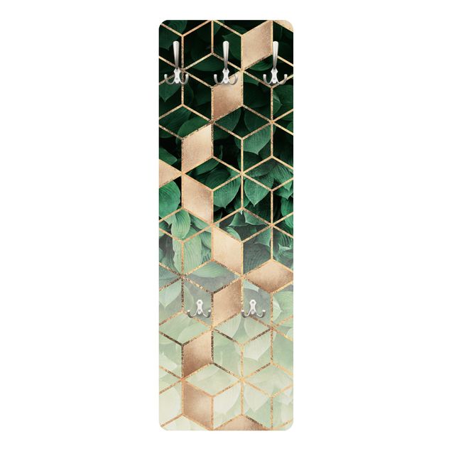 Perchero de pared panel de madera - Green Leaves Golden Geometry