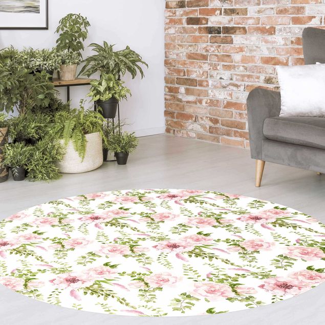 Alfombras modernas Green Leaves With Pink Flowers In Watercolour