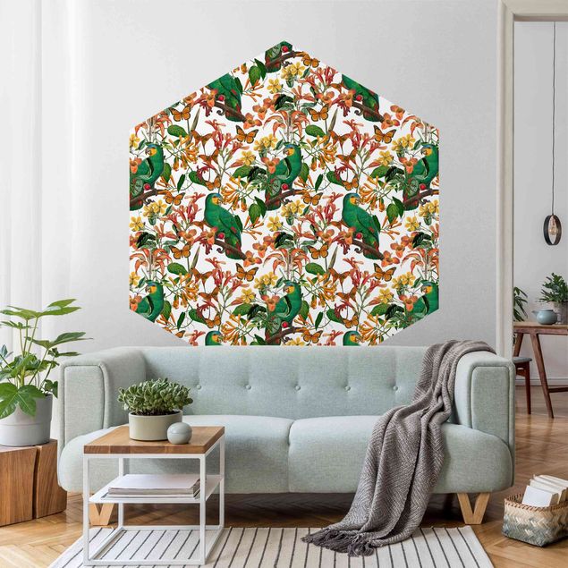 Papel pintado aves Green Parrots With Tropical Butterflies