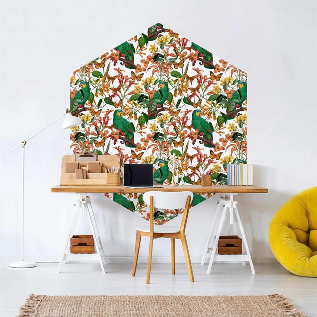 Papel pared flores Green Parrots With Tropical Butterflies
