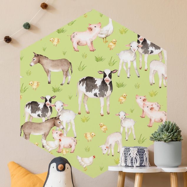 Papel pintado moderno Green Meadow With Cows And Chickens