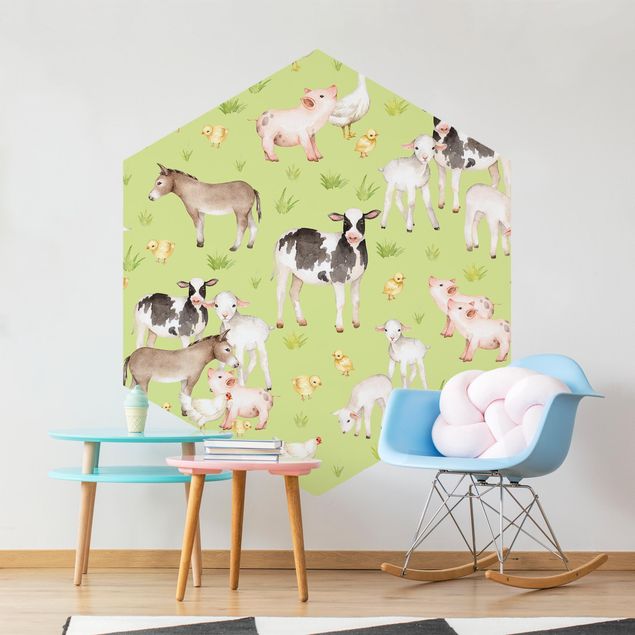 Papel pintado hexagonal Green Meadow With Cows And Chickens