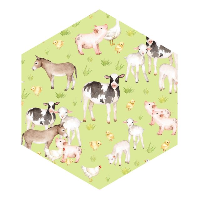 Papel pintado Green Meadow With Cows And Chickens