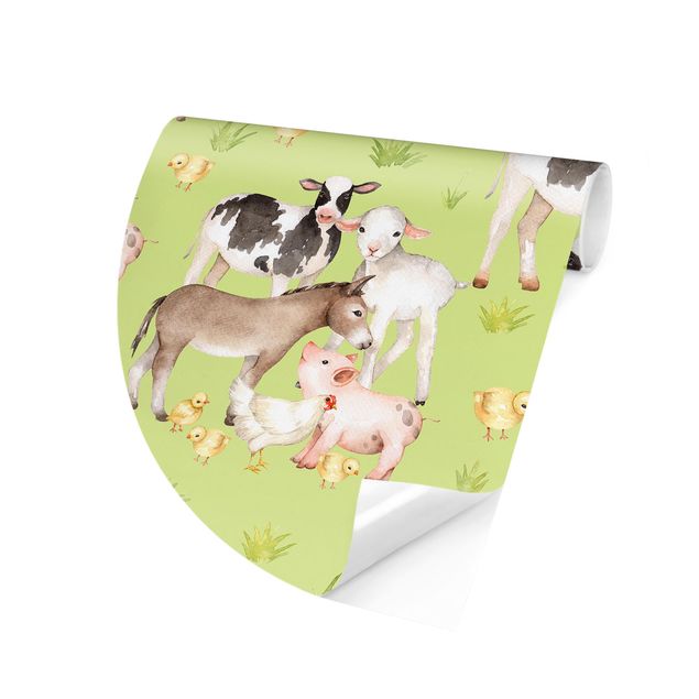 Papel pintado verde Green Meadow With Cows And Chickens