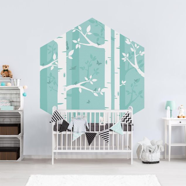 Papel pared liso Green Birch Forest With Butterflies And Birds
