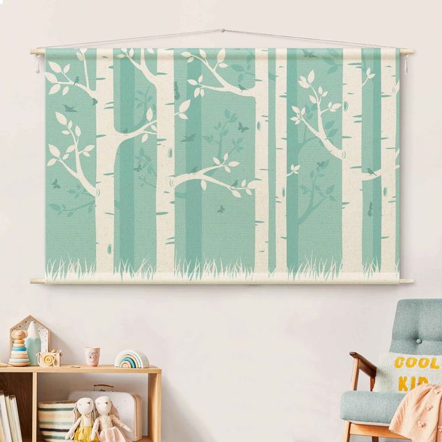Tapices modernos Green Birch Forest With Butterflies And Birds