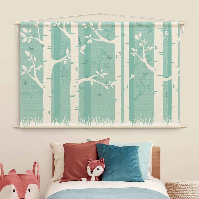 Tapices de bosque Green Birch Forest With Butterflies And Birds