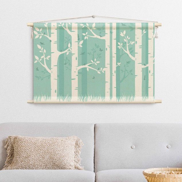 Tapices naturaleza Green Birch Forest With Butterflies And Birds