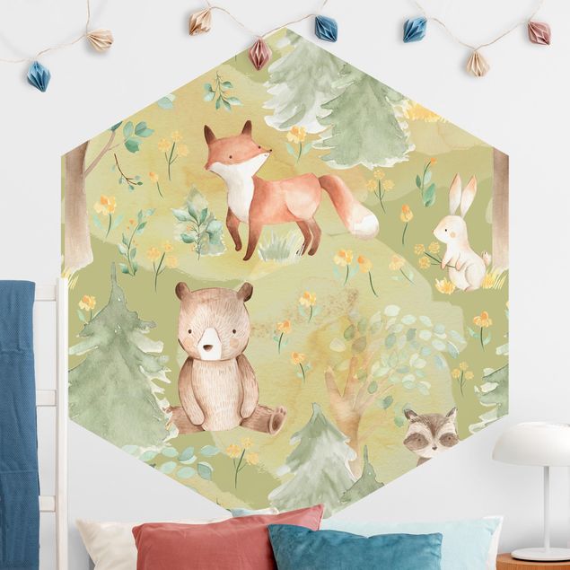 Decoración infantil pared Rabbit And Fox On Green Meadow