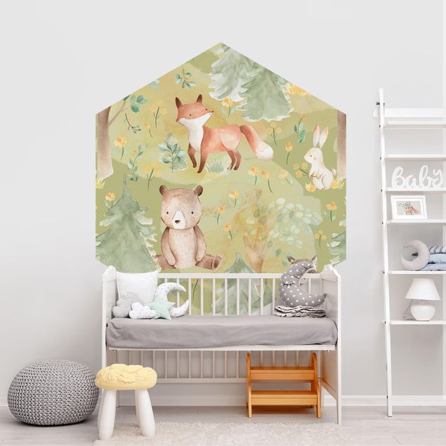 Papel pared paisaje Rabbit And Fox On Green Meadow