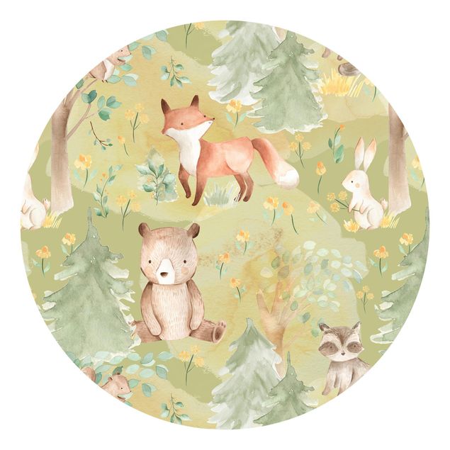 Papel pintado bosque infantil Rabbit And Fox On Green Meadow