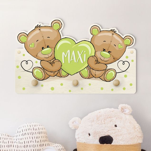 Decoración infantil pared Heart Bears With Customised Name Green