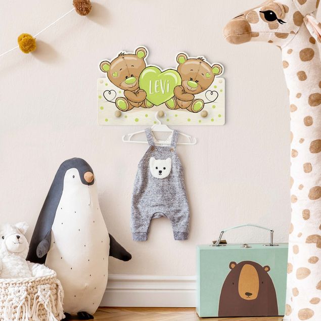 Percheros de pared con frases Heart Bears With Customised Name Green