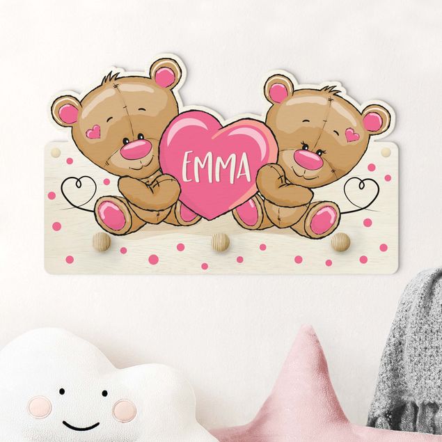 Decoración habitación infantil Heart Bears With Customised Name Pink