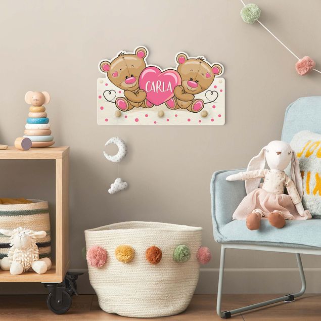 Percheros de pared con frases Heart Bears With Customised Name Pink