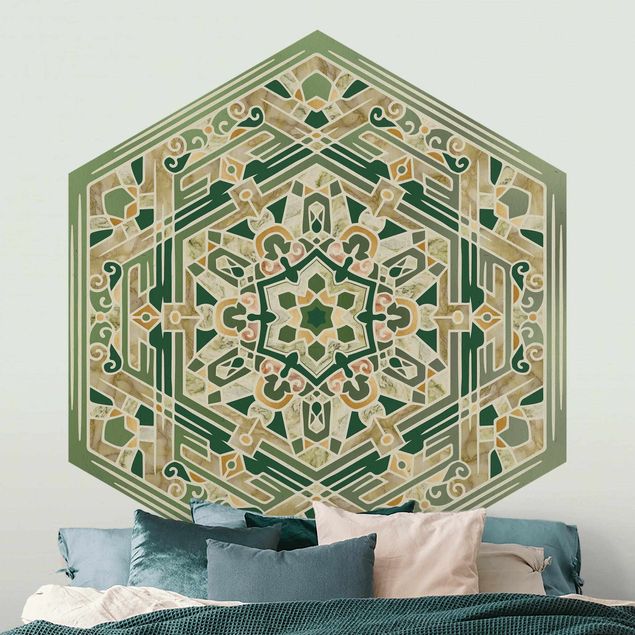 Papel pintado moderno Hexagonal Mandala In Green With Gold
