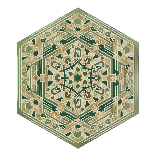 Papel pintado Hexagonal Mandala In Green With Gold