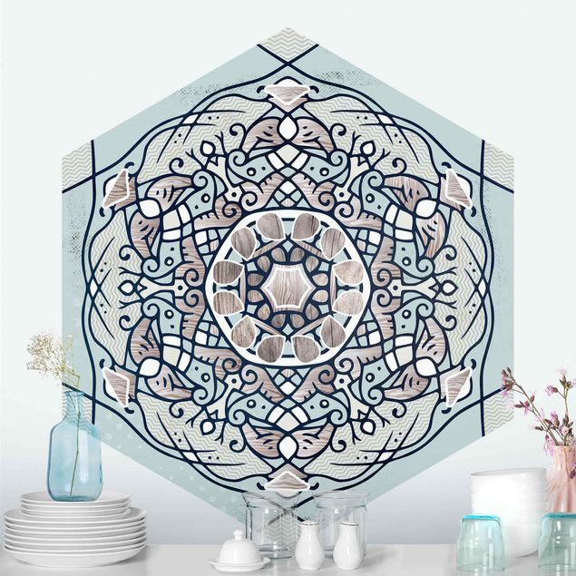 Papel pintado salón moderno Hexagonal Mandala In Light Blue
