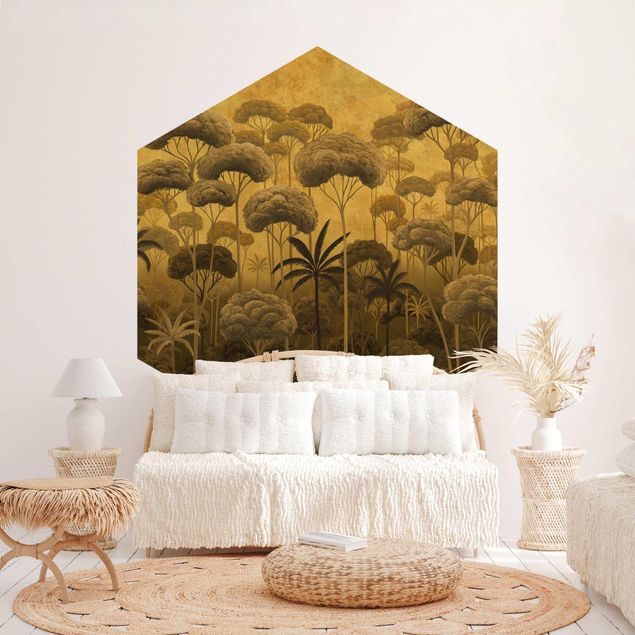 Papel pintado plateado Tall Trees in the Jungle in Golden Tones